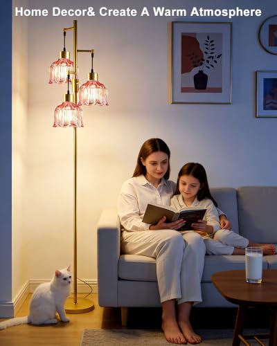 Image of Lightdot Red Glass Floor Lamp Dimmable with LED Bulbs & Flower Shade