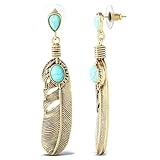 Jessica Simpson Womens Turquoise Stone Feather Drop Earrings - Oxidized Gold-Tone Turquoise Earrings with Drop Feather