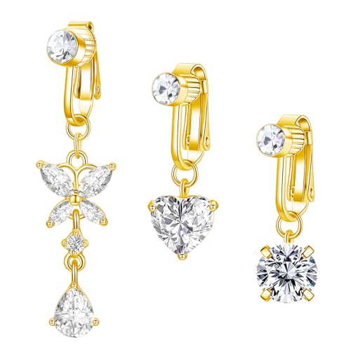 Besyvvin 3stk Clips Bauchnabepiercing Fake Faux Bauchpiercing Gold mit Schmetterling Herz Anhänger Damen Falsches Piercing Bauchnabel Damen