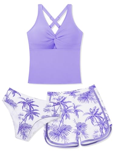 Image of Girl Tankini Swimsuits Criss Cross Ruched Tankini with Print Shorts Set 3 Piece Bathing Suits for Girls Swim 9-14Y Purple