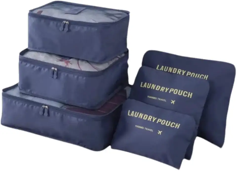 Kit Organizador de Malas para Viagem Premium Conjunto Completo com 6 Peças Bolsas Necessaire Sapatos Maquiagem Roupas Bagagem (Azul Escuro)