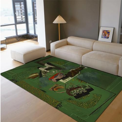 Tapis lavable en machine style Picasso abstrait vert 90x120cm