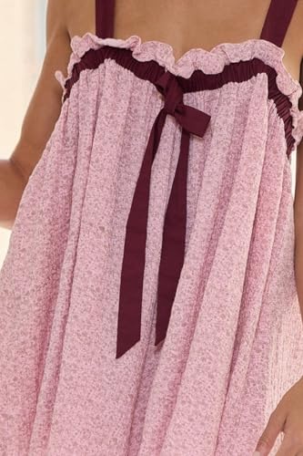Image of Women Y2K Tie Shoulder Mini Dress Bow Babydoll Ruffle Short Dress Summer Boho Floral Flowy Beach Sundress (132 Pink,M)