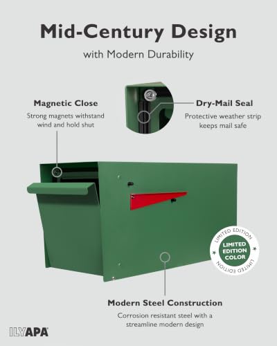 Image of Ilyapa Modern Mailbox for Outside Post Mount - Green Powder Coated Metal Mailbox, Waterproof Letter Box for Parcels, with Recessed Magnetic Close Door