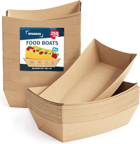 Plateaux de fête 3LB marron (250 unités) - plateaux hot-dog - boîtes en carton étanches et congelables - plateaux en papier jetables pour servir à des fêtes, boîtes en gros, nachos, chips, cinéma