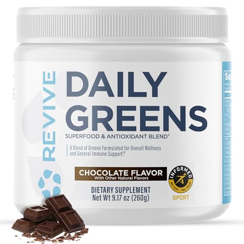Revive MD Daily Green Powder Superfood (Chocolate) - Supergreens Powder to Support Energy Levels - Green Juice That Improves Fiber Intake - Vegetable Supports Digestion and Gut Health (30 Servings)
