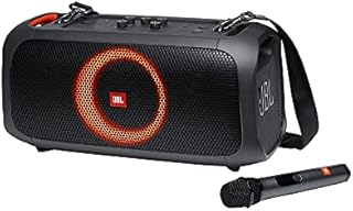 JBL PartyBox On-The-Go - A portable karaoke party speaker with wireless microphone, 100W power output, IPX4 splashproof, 6 playtime hours, shoulder strap and Wireless 2 party speakers pairing (Black)
