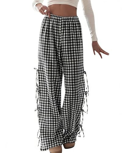 Image of codcm Womens Gingham Striped Wide Leg Pants Y2k Lounge Pants Lace Up Loose Trousers