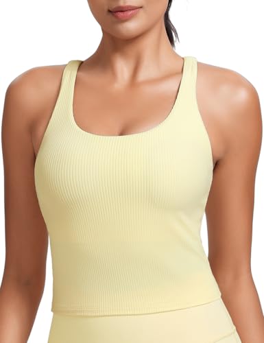 HeyNuts Zeal Longline Ribbed Sports Bras for Women, Medium Impact Wirefree Yoga Tank Tops Criss Cross Back Crop Tops Workout Bras Butter Cream S
