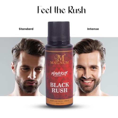 Image of Magnum Maverick Black Rush Men's Body Spray - Bold Spicy Woody Fragrance for Confident Men | Long-Lasting Cinnamon, Patchouli & Dark Woods Scent | 150ml