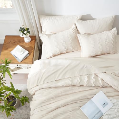 Image of Zzlpp King Comforter Set 7 Pieces, Beige Seersucker Bed in a Bag with Comforter and Sheets, All Season Bedding Sets with 1 Comforter, 2 Pillow Shams, 2 Pillowcases, 1 Flat Sheet