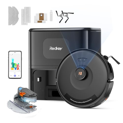 Redkey D8 Pro Robot Aspirador y Fregasuelos, 38000Pa Potente Succión con Estación de Succión 4L, Anti-Enredo de Pelos, Navegación LiDAR, Aspirador Robot 4-en-1 Aspira y Friega para Suelos, Alfombras