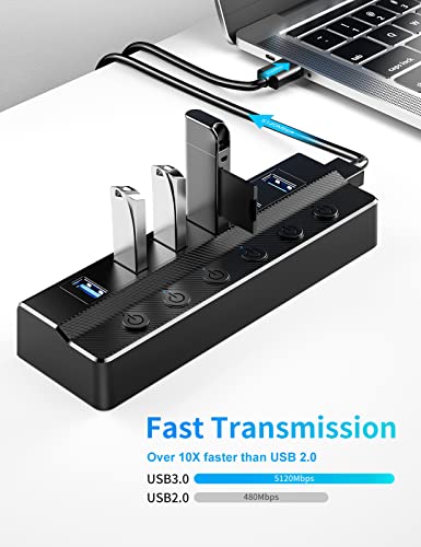 6-Port Usb 3.0 Hub, Lurmmue Usb Splitter For Laptop With Individual On/Off Switches And Light, 3Ft Long Cord, Usb Port Hub Extension For Pc And Computer #TOP2
