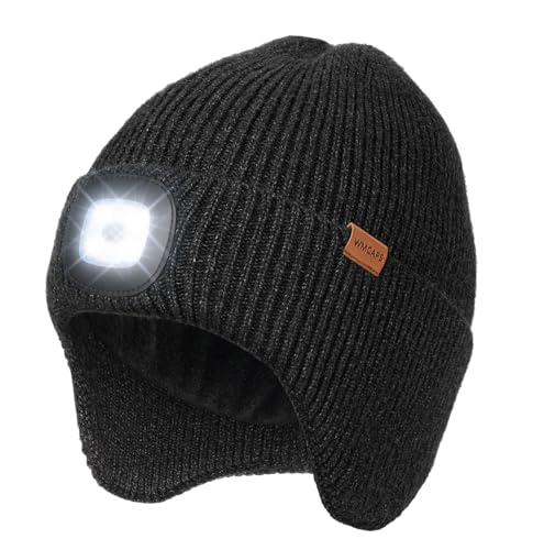 Wmcaps Mütze mit LED Licht und Ohrenklappen, Type-C Beleuchtete Wintermütze Herren, Strickmütze Herren mit Lampe, Warme Stirnlampe LED Wiederaufladbar, Praktisches Geschenk (Dunkelgrau)