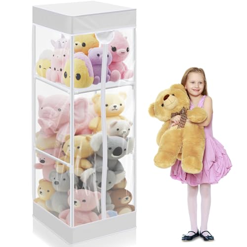 Colingmill 2-tier Plush Toy Stuffed Animal Storage Organizer with Zippered Large Stuffed Toy Holder PVC Waterproof Dustproof Cover 47. 2 Inch Stuff Animal Organizer Holder for Nursery(White)
