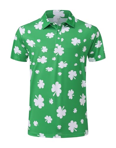 Mens St Patrick's Day Polo Shirt Irish Funny Four Leaf Clover Green Saint Paddy Tee Shirts Golf Top White XL