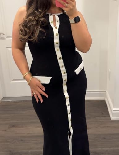 Womens Knit Maxi Dress Sleeveless Bodycon Ribbed Long Tank Dresses Elegant Button Down Workwear Dress4