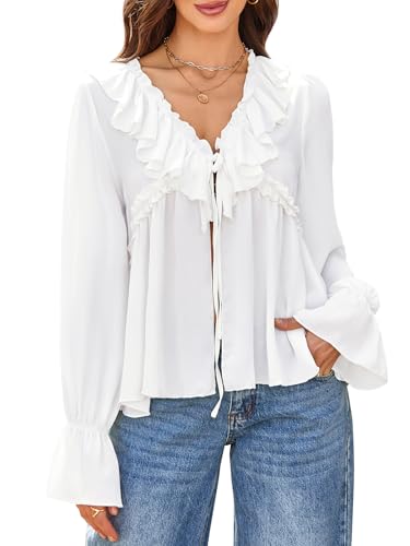 Boho Ruffle Front Tie V Neck Blouse for Women Sheer Long Sleeve Boho Peplum Flowy Casual Tops Shirt White XL
