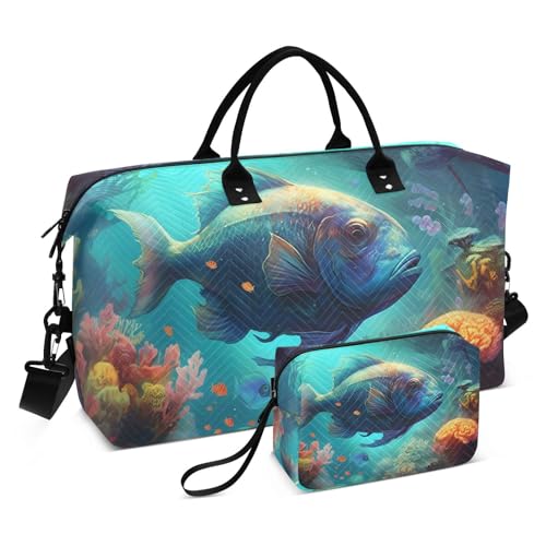 Duffel Bag Set for Travel Gym Sport, Weekender Bag Carry on Overnight Bags for Women Men-Blue Tropical Fish Print