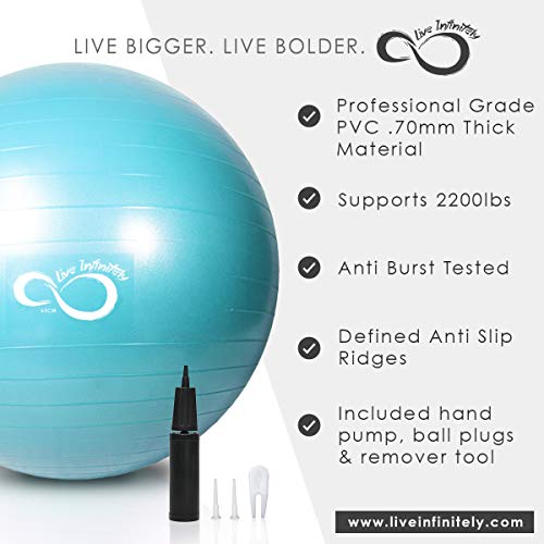 Live Infinitely Exercise Ball (55cm-95cm) Extra Thick Professional Grade Balance & Stability Ball- Anti Burst Tested Supports 2200lbs- Includes Hand Pump & Workout Guide Access (Teal, 55 cm)
