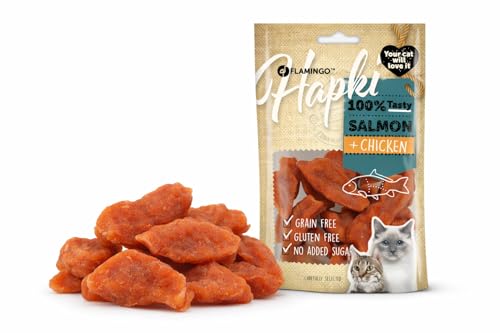 snack per gatti - Hapki snack di pesce con salmone e pollo - 50 g - senza glutine - senza cereali - senza zuccheri aggiunti