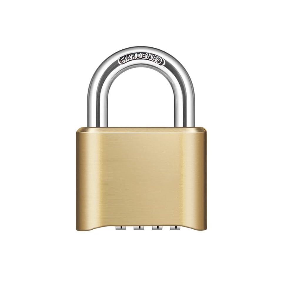 1 Pack 4 Digit Heavy Duty Combination Lock 1.3 Inch Shackle Outdoor Waterproof Padlock for Hardened Steel Shackle, Waterproof Combo Lock for Gym Locker, Hasp Storage, Shed, Fence, Gate (Brass)