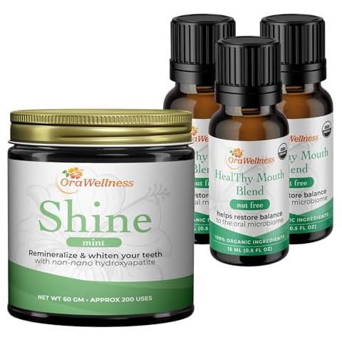 OraWellness Shine Remineralizing Natural Teeth Whitening Powder in Mint + Nut Free Healthy Mouth Blend Organic Toothpaste & Mouthwash Alternative Tooth Oil, Pack of 3 Cover