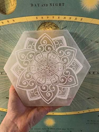 Etched Mandala 8" Selenite Charging Plate, 100% Genuine Ethically Mined Selenite E1055