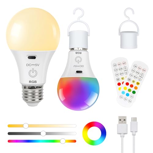 FRIDEKO HOME 2000mAh 2er Pack Aufladbare LED Glühbirne mit Fernbedienung E27 Smart RGB Touch Control Dimmbare Akku Lampe mit Timing/Nachtlicht/Warmweiß Neutralweiß Kaltweiß für Wandlampen/Tischlampen