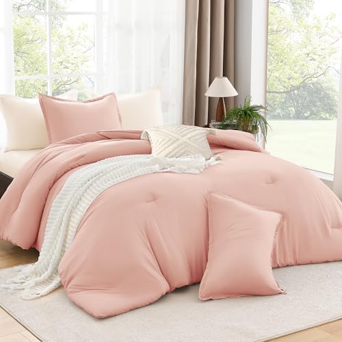 Andency Full Size Comforter Set Blush Pink, Boho Fluffy Solid Bedding Comforters & Sets for Girls, Kids All Season Soft Lightweight Bedspread Dorm Bedroom Bed Set