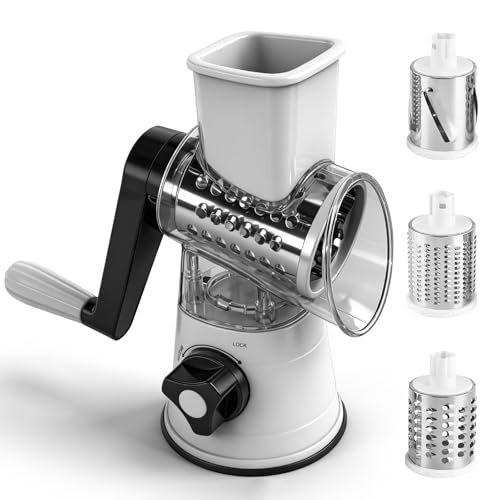Zencantorous Grattugia per Formaggio Rotante, Grattugia Formaggio a Manovella, Taglia Verdure Manuale, con 3 Acciaio Inox Pale Tamburo, per Cucina Verdure, Patate, Carote, Insalate, Bianco
