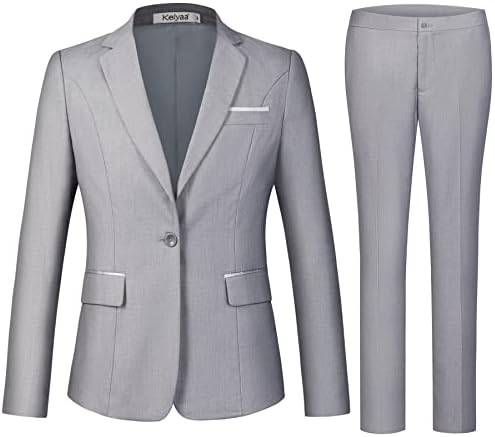 Kelyaa Women's 2 Piece Suit Notched Lapel One Button Slim Fit Business Office Work Tuxedo Blazer Pants Set Light Grey