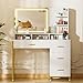 COMHOMA Vanity Desk with Mirror and Lights, Makeup Vanity Table with 4 Drawers & Storage Shelves, Large HD Mirror, 3 Color Modes & Adjustable Brightness, Modern Dressing Table for Bedroom, Pearl White