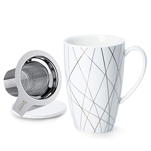 Sweese 201.234 Porcelain Tea Mug with Infuser and Lid, 15 OZ, Line