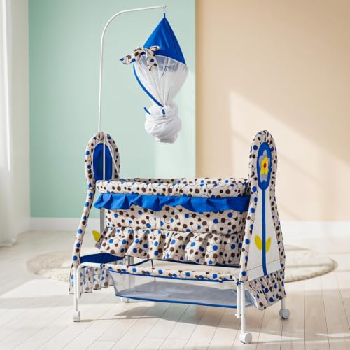 Image of BAYBEE Cradle for New Born Baby with Mosquito Net, Portable Baby Jhula Palna, Foldable Baby Crib, Infant Uyyala with Storage Basket, 360 Locking Wheels (Blue)