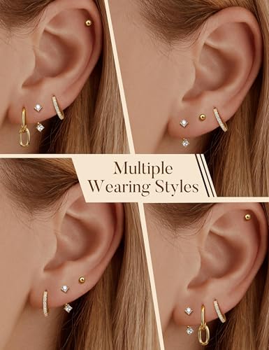 BESTEEL Small Gold Hoop Earrings for Women - Hypoallergenic Surgical Steel Flat Back Earring Sets for Multiple Piercing Cartilage Earing Stacks Silver Dangle Huggie Stud Jewelry Trendy 4 Pairs3