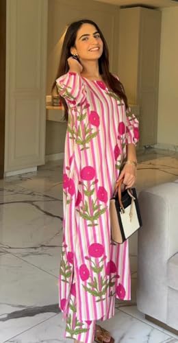 Image of LookMark Women Viscose Rayon Stripes with Floral Printed Stitched Kurta with Pant | Pink Color Kurta Set | Kurta with Pant Set for Woman | Printed Kurta Set