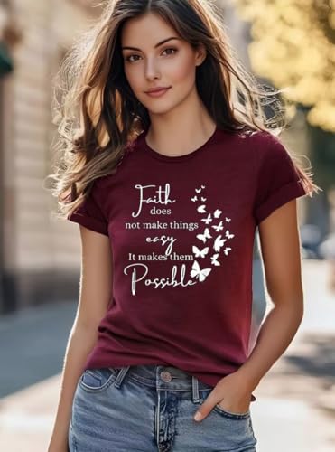 Christian Jesus T-Shirt for Women Vintage Bible Verse Printed Short Sleeve Faith Blessed Inspirational Girl Top Tees (Medium, Wine Red-5)