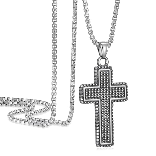 Cross Necklace for Men, Stainless Steel Christian Cross Pendant Necklaces for Men, Silver Chain Necklace for Men, Fade-Resistant, Stylish Jewelry Gift for Him