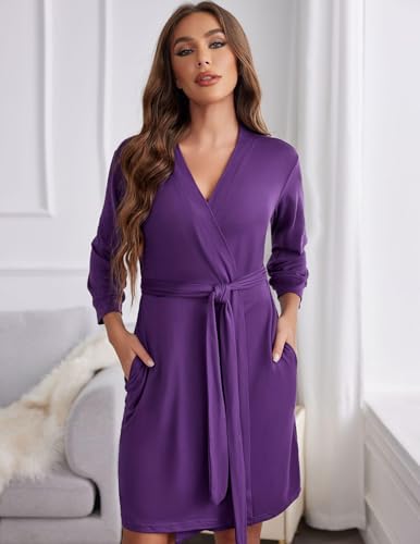 Image of Ekouaer Women's Robes Lightweight 3 /4 Sleeve Short Knit Bathrobe Soft Knee Length Sleepwear Robes with Pockets S-XXL