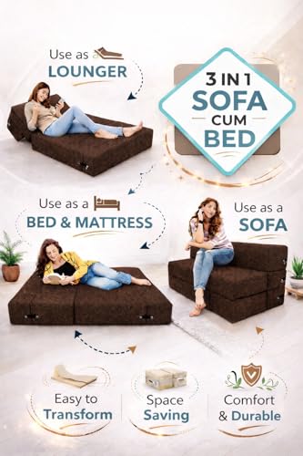 Image of Coirfit Single Seater Folding Sofa Cum Bed - Perfect for Guests - Jute Fabric Washable Cover with Free Cushions - | 3' X 6' Feet, Brown