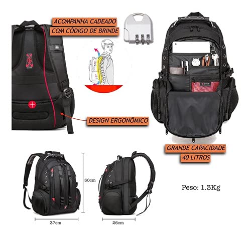 Mochila Masculina Grande Impermeável para Notebooks de até 17.3 Polegadas Gamer de Alta Qualidade Re
