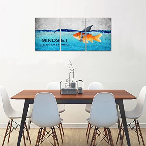 Kawahone 3 Panels Modern Framed Inspirational Quote Canvas Wall Art-Mindset Is Everything Goldfish Strong Shark Motivational Posters Framed, Bathroom Bedroom Office Decor Framed Ready To Hang(12" X 16" X 3 Pcs) #TOP5