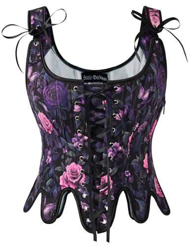 Image of Scarlet Darkness Corset Tops for Women Floral Renaissance Bustier Bodice | Ideal for Halloween, Ren Faire, Theme Party; Overbust, Adjustable Straps, Lace Up, Irregular Hem, Zip Closure, Hand Wash