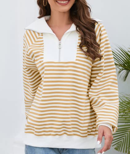Aleibuau Womens Tops Fall Clothes Half Zip Striped Spliced Hoodies Long Sleeve High Neck Casual Sweatshirt Sweater Ginger S #TOP3