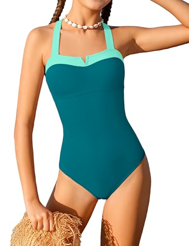 Image of Shallmu Girls One Piece Swimsuits Color Block Dual Crossback Straps with Cover Up Skirt Girl's Swimwear 9-16Y
