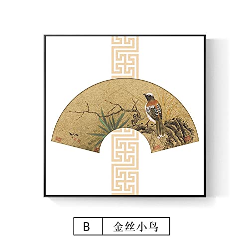 Lienzo de abanico chino y pájaros para decoración elegante de salón moderno set de 2 cuadros de 80cm 4