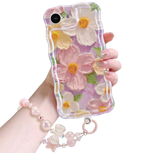 Coque iPhone 16e fleur peinture à l'huile rose avec chaîne et bracelet en TPU