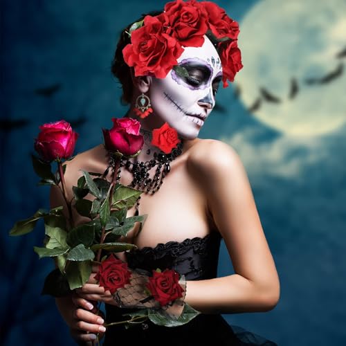 2Pcs Women's Mexican Scarf Wrap Tassel Printed Boho Shawl with Rose Flower Headband Day of the Dead Fiesta Halloween Costume3