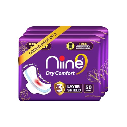 Image of NIINE Dry Comfort Ultra Thin XL+ Sanitary Napkins for Heavy Flow (Pack of 3) 150 Pads with Free Biodegradable disposable bags